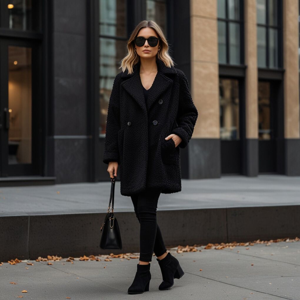 Teddy Coat and All-Black Outfit