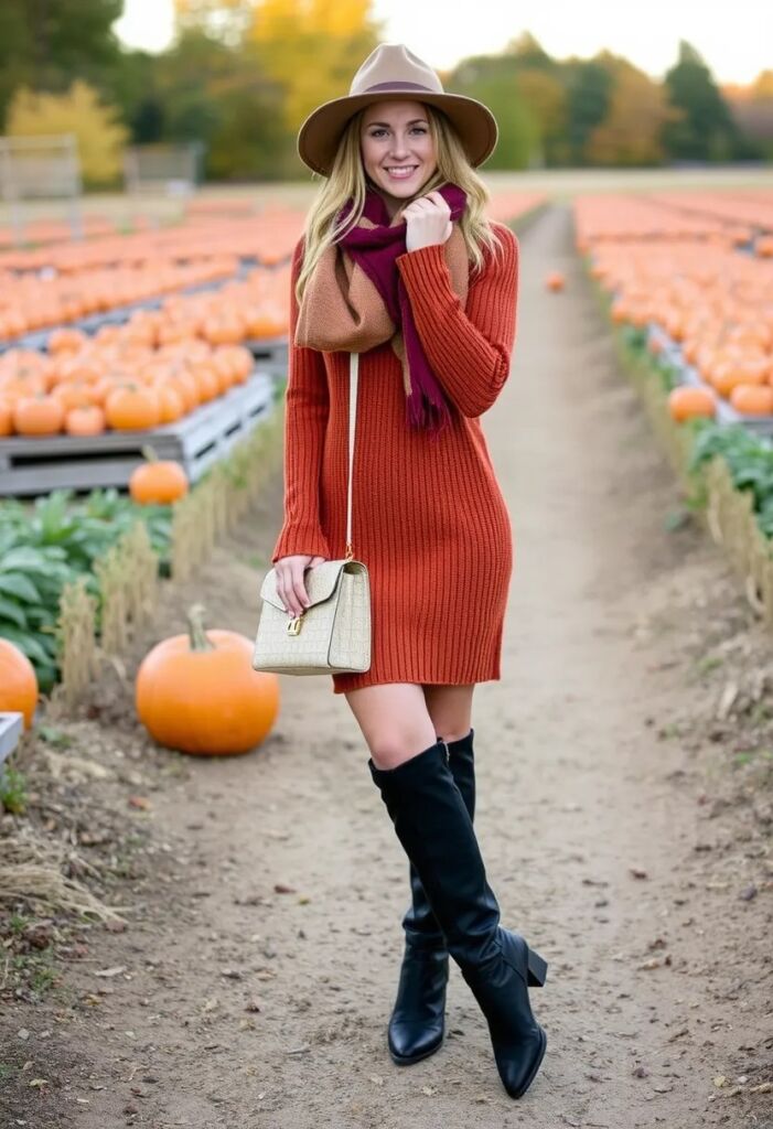 2. Sweater Dress and Knee-High Boots