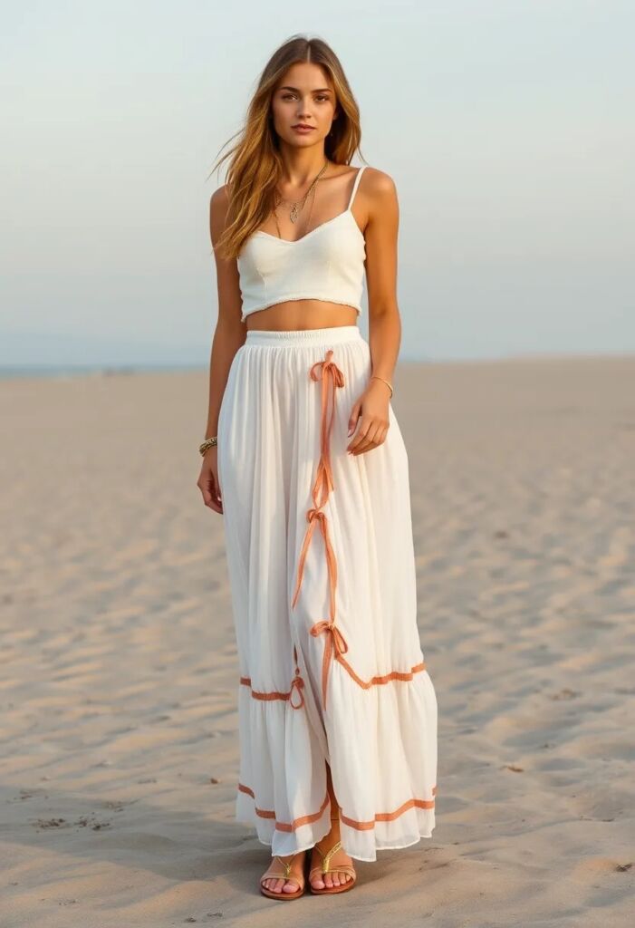 Ribbon-Accented Maxi Skirt and Crop Top