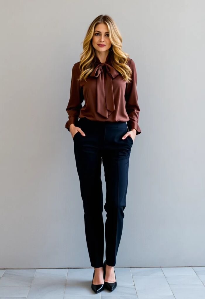 Ribbon-Tied Blouse with Tailored Trousers