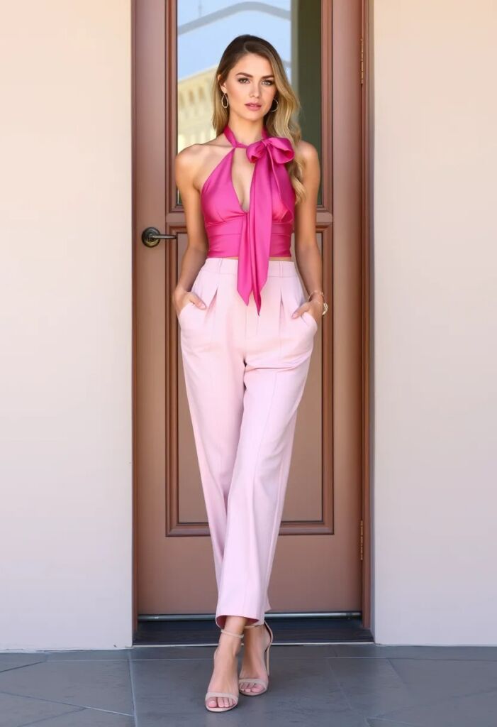 Ribbon-Tied Halter Top and Wide-Leg Pants