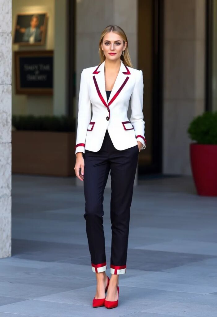 Ribbon-Trimmed Blazer and Trousers Set