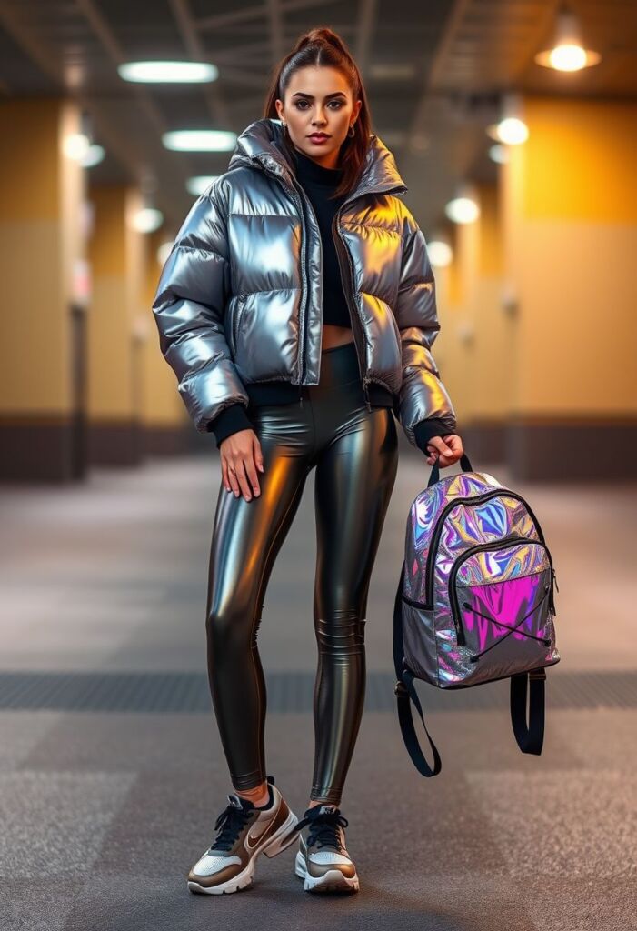 Metallic Puffer Jacket and Liquid Metal Leggings