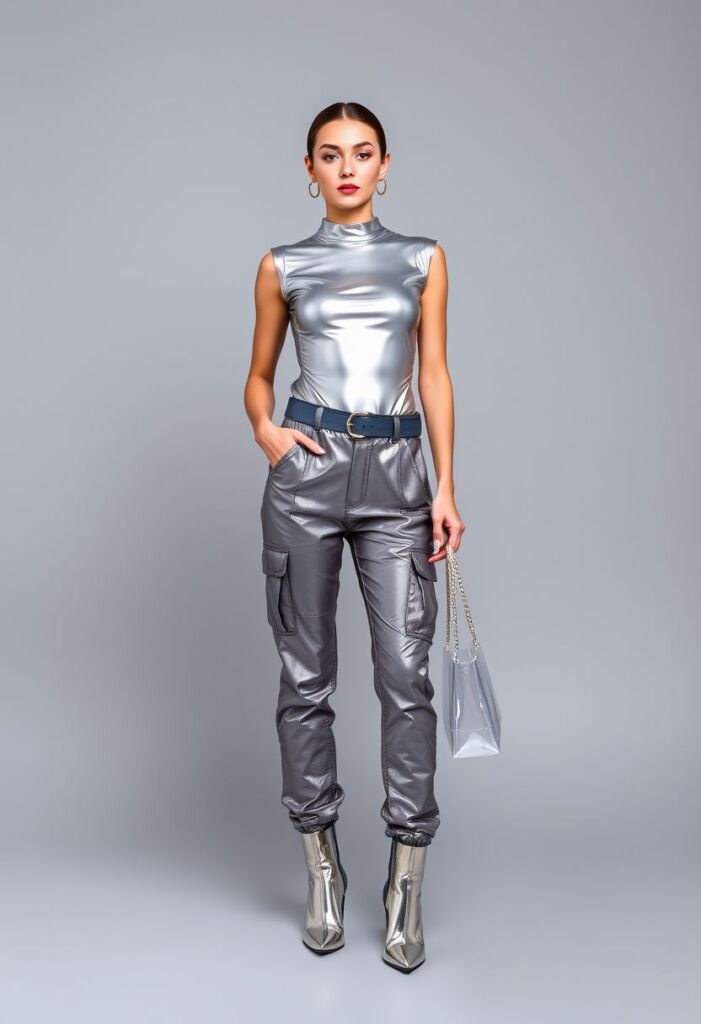 2. Metallic Bodysuit and High-Waisted Cargo Pants