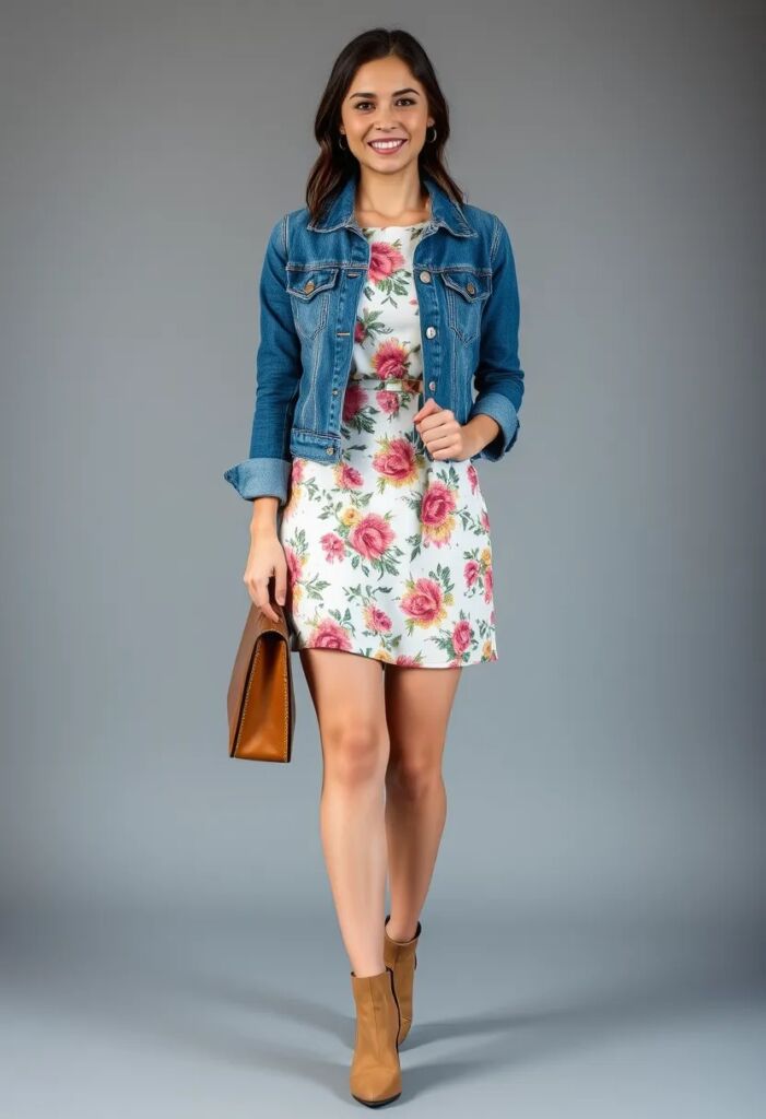 Floral Print Dress with Denim Jacket