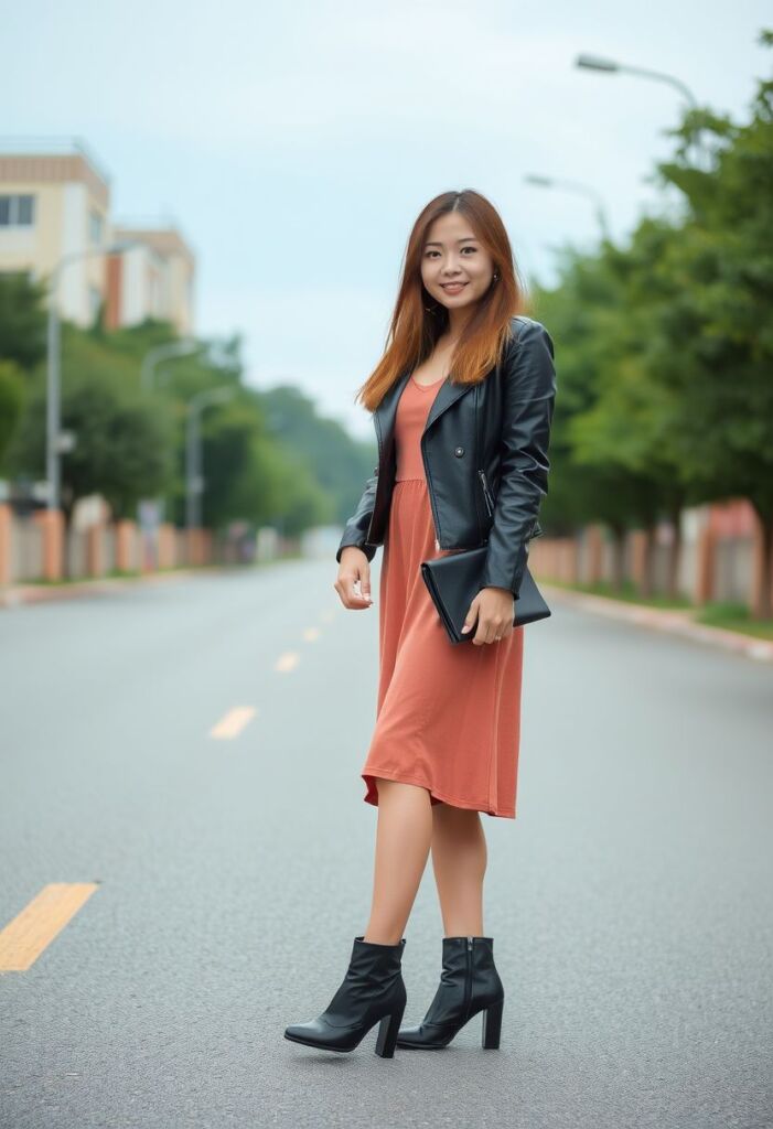 Leather Jacket and Midi Dress