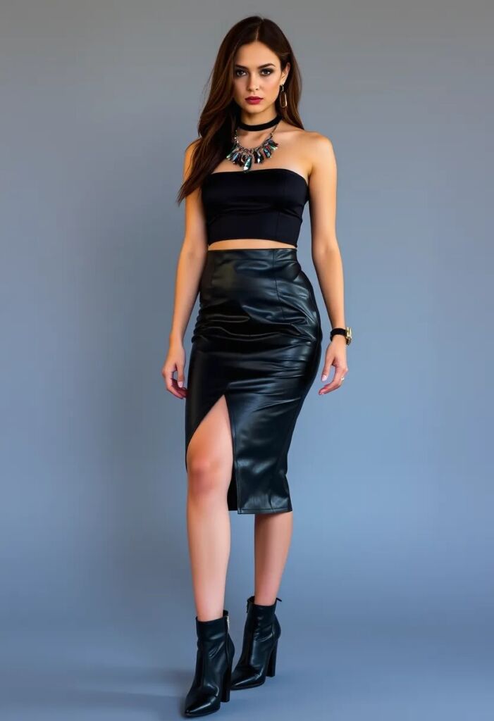 Leather Midi Skirt and Crop Top