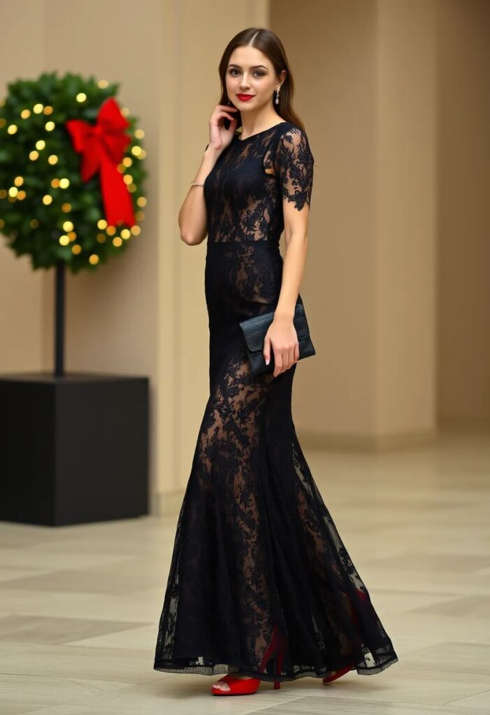 Black Lace Maxi Dress with Red Heels