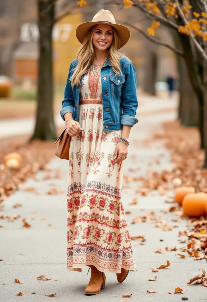 Bohemian Maxi Dress with a Denim Jacket