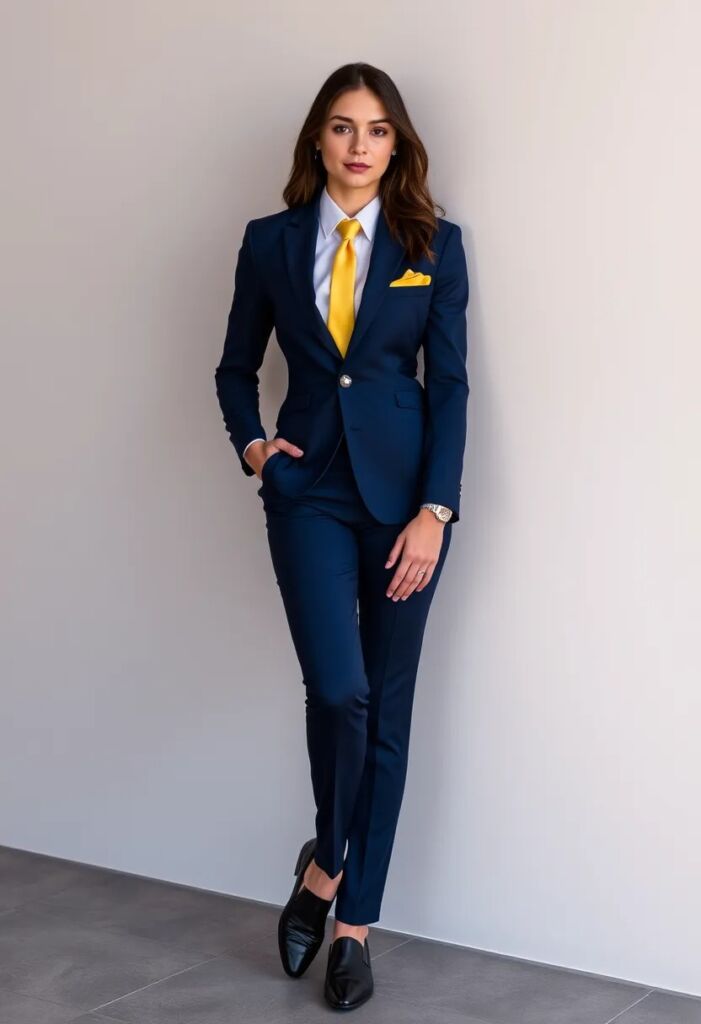 Navy Blue Suit with Yellow Pocket Square