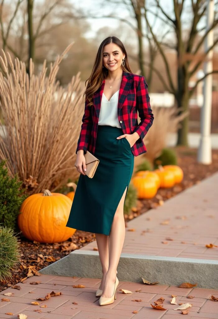 Plaid Blazer with a Midi Skirt