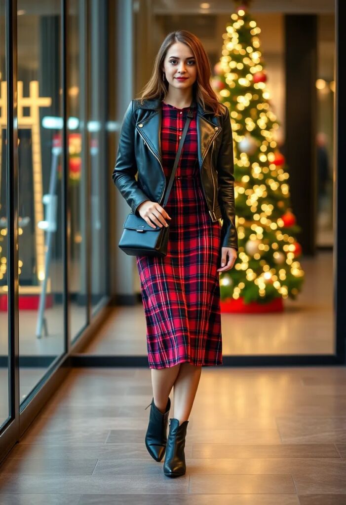 Plaid Midi Dress with Leather Jacket