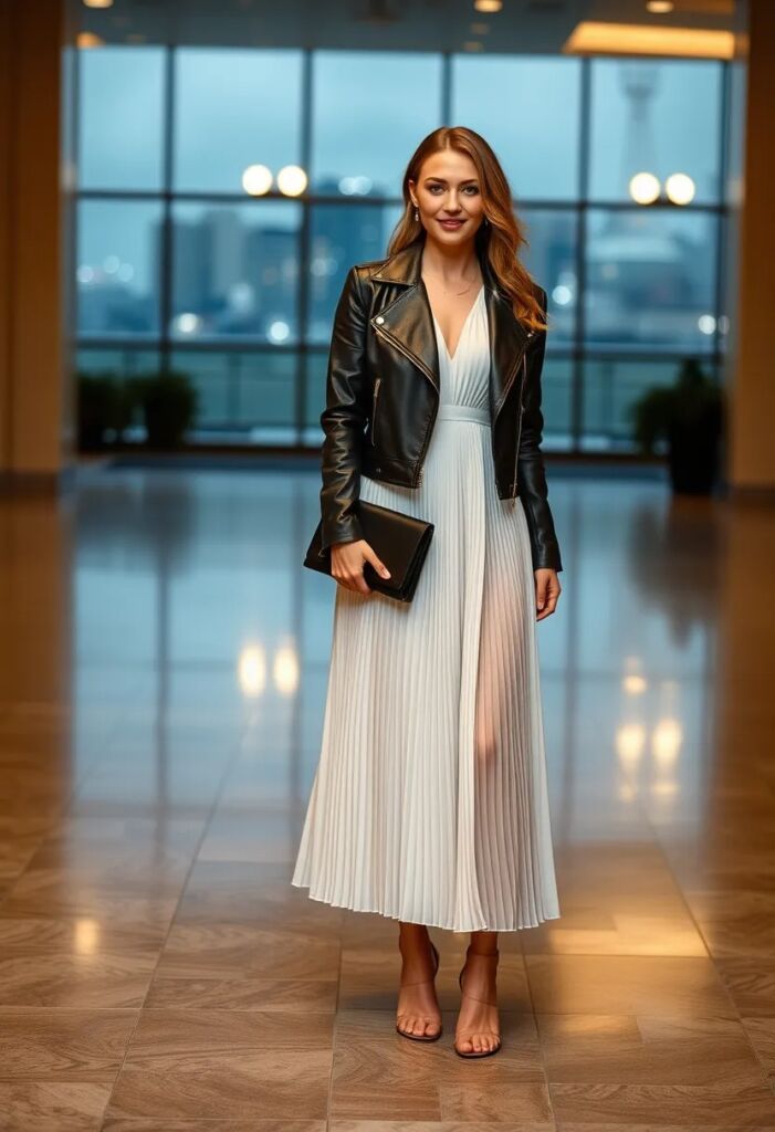 Pleated Midi Dress with Leather Jacket