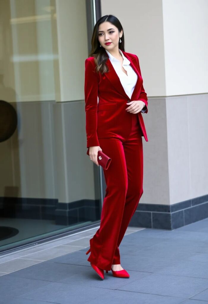 Red Velvet Suit with White Blouse