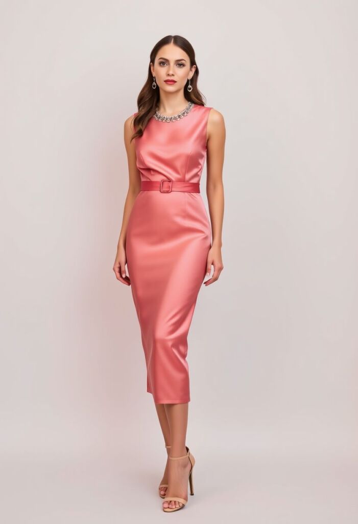 Satin Sheath Dress with Belt