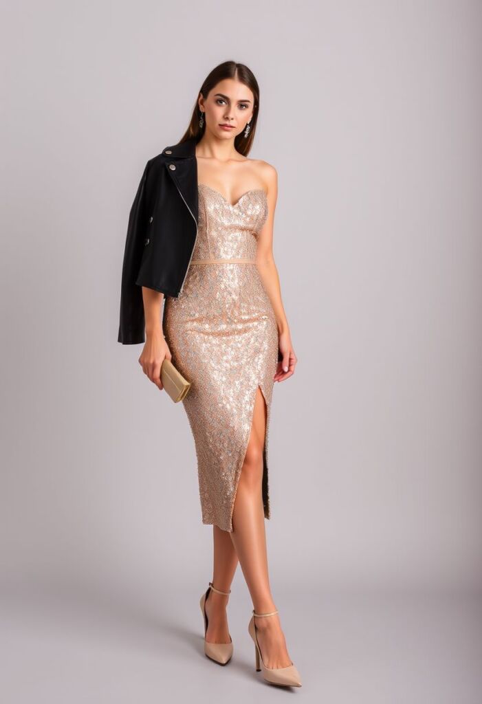 Sequined Midi Dress with High Slit