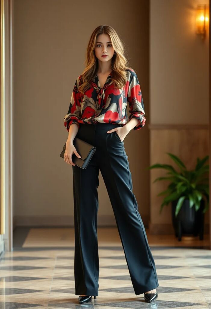 Silk Blouse with Wide-Leg Pants