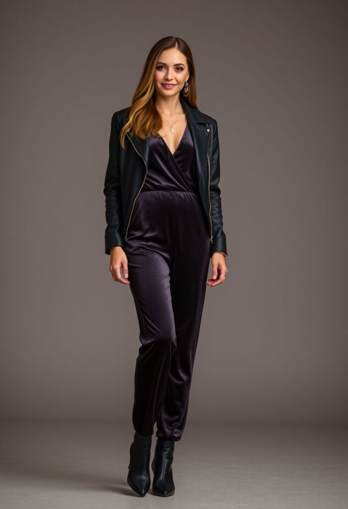 Velvet Jumpsuit with a Leather Jacket