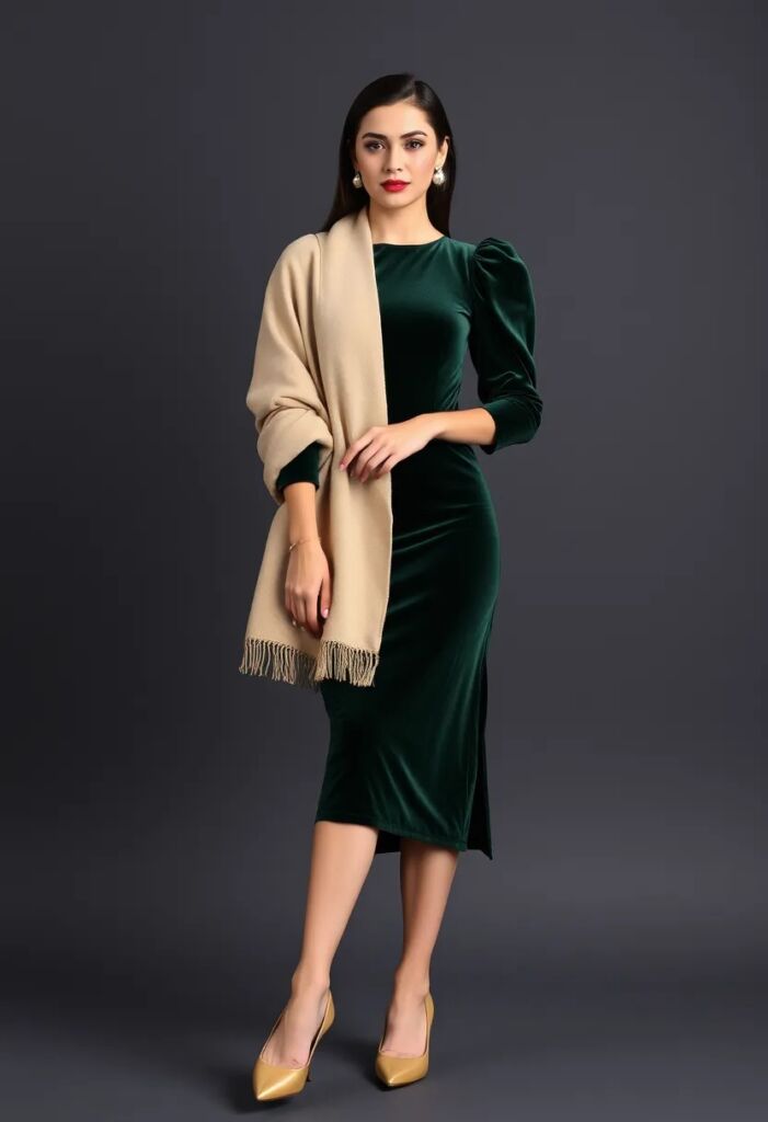 Velvet Midi Dress with Puffed Sleeves