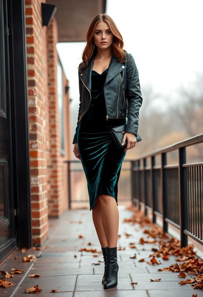 Velvet Midi Dress with a Leather Jacket