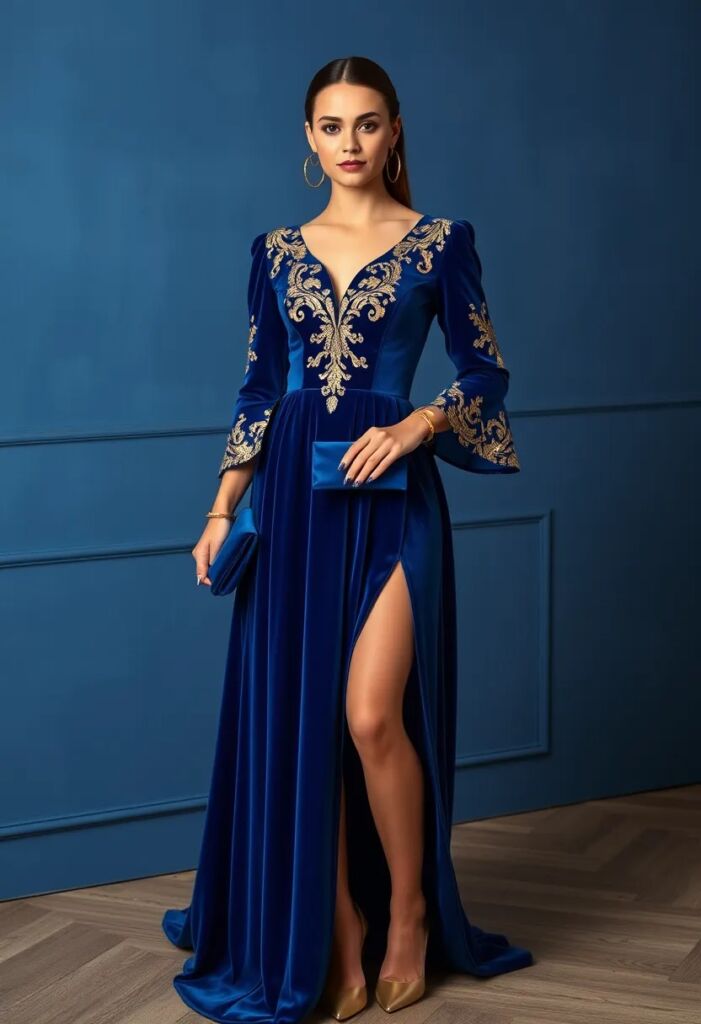 Blue Velvet Rococo Dress with Gold Embellishments