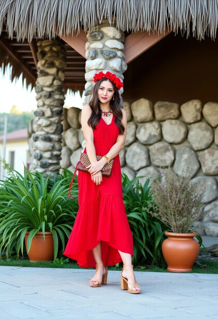 Bohemian Glam Red Dress with Embellished Accessories