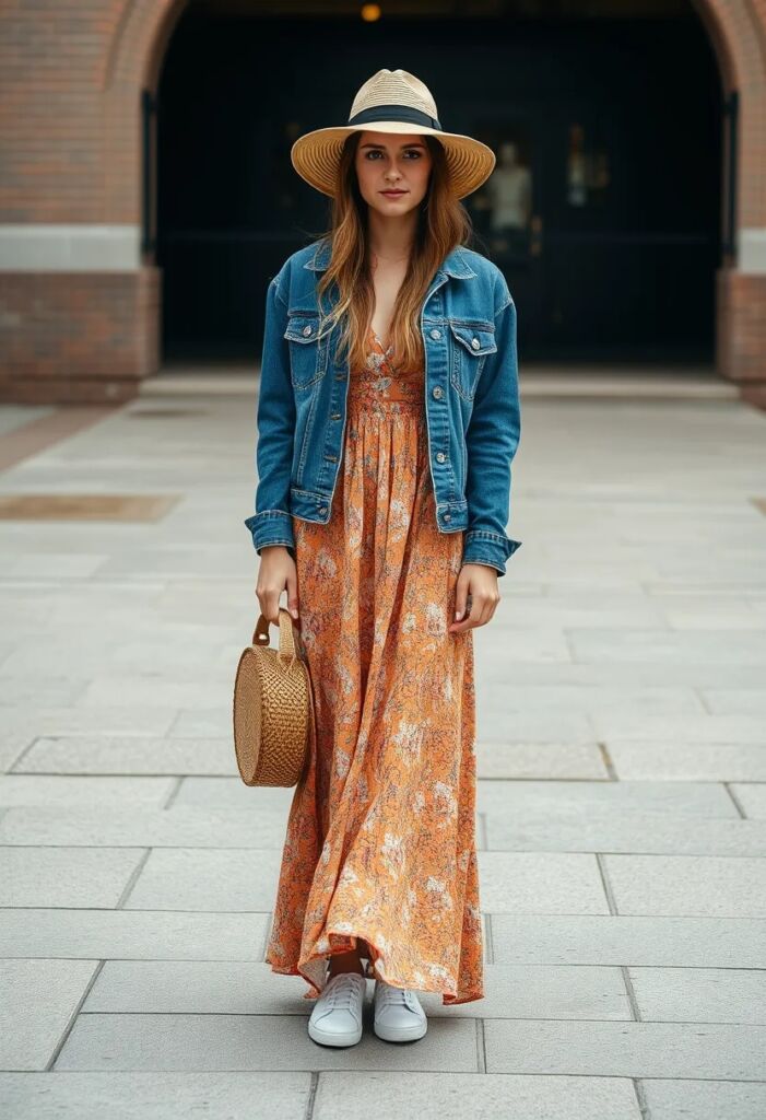 Boho Maxi Dress with Denim Jacket