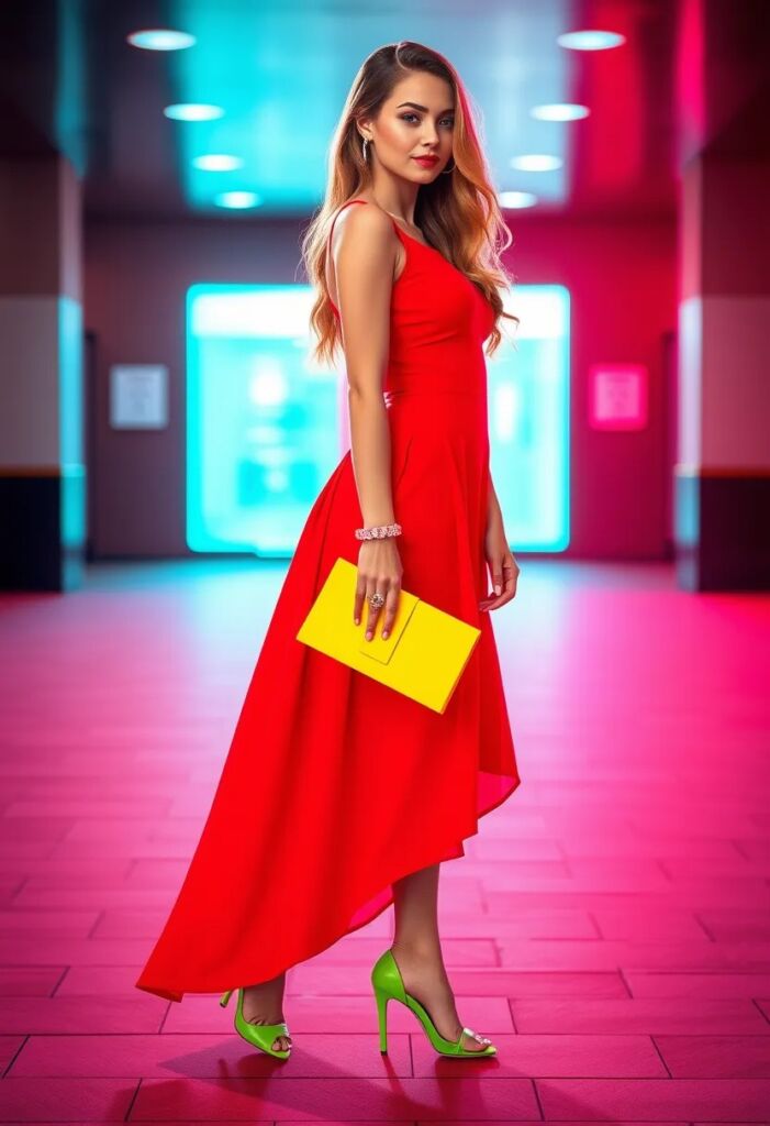 Bold and Bright Red Dress with Neon Accessories