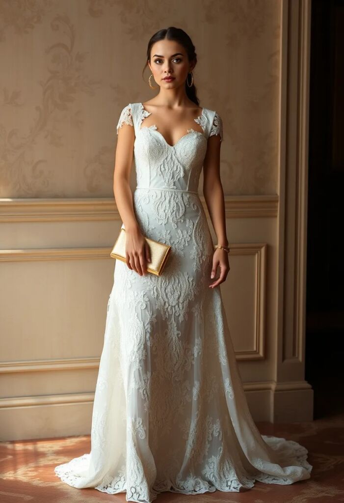 Classic White Lace Rococo Dress with Gold Accessories