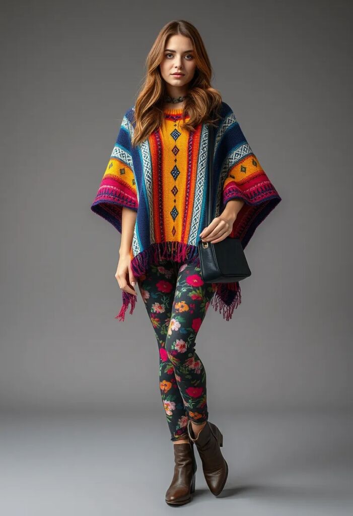 Colorful Poncho and Patterned Leggings