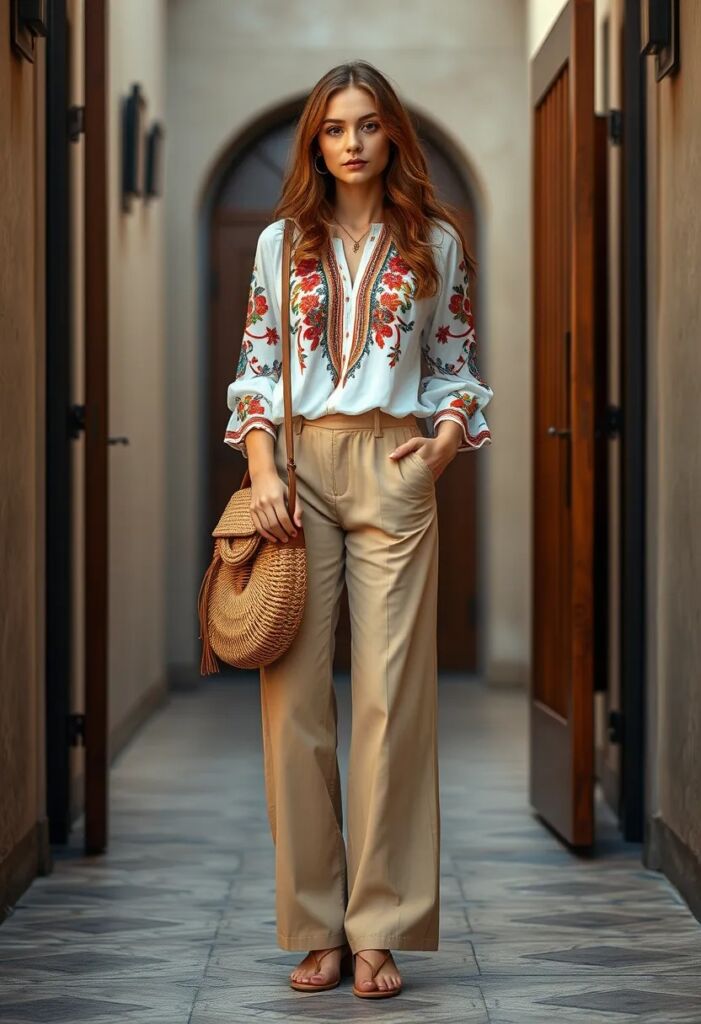 Embroidered Blouse with Wide-Leg Pants