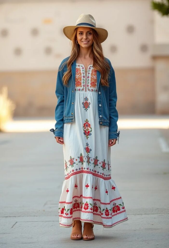 Embroidered Maxi Dress with a Denim Jacket