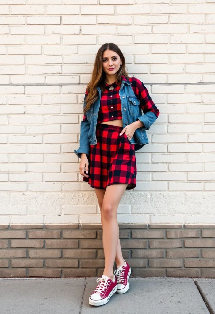 Flare Skirt and Cropped flannel Shirt