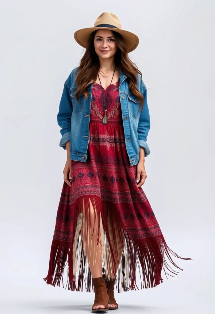 Fringed hem dress with a denim jacket