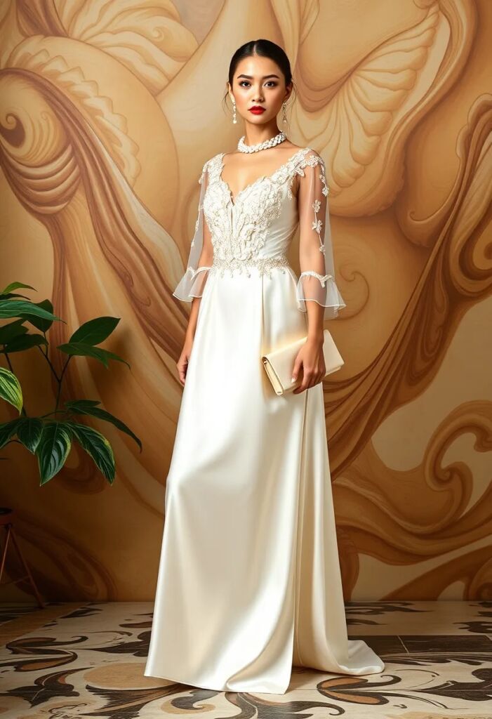 Ivory Silk Rococo Dress with Beaded Embellishments