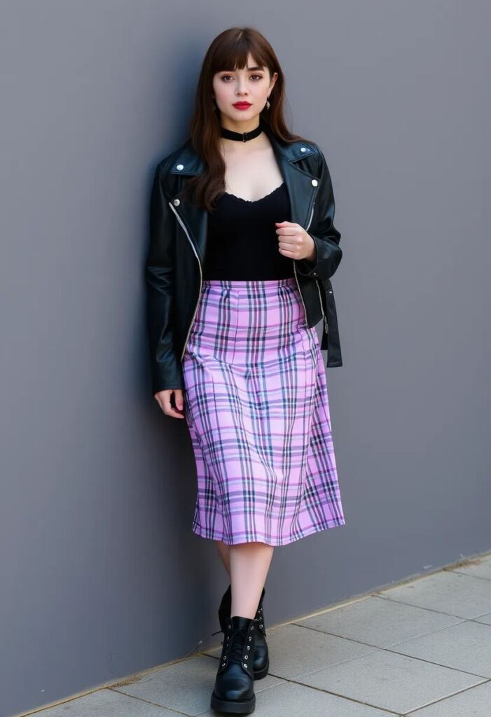 Lavender Plaid Skirt and Black Top