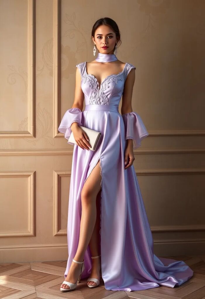 Lavender Silk Rococo Dress with Lace Trim