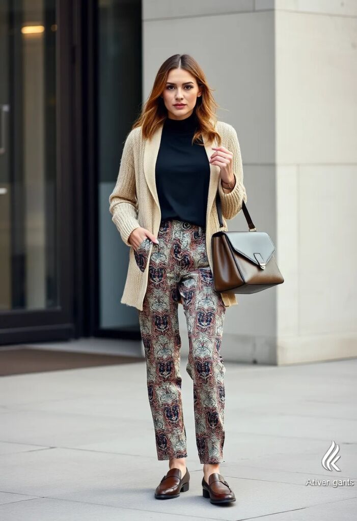 Layered Cardigan and Patterned Pants