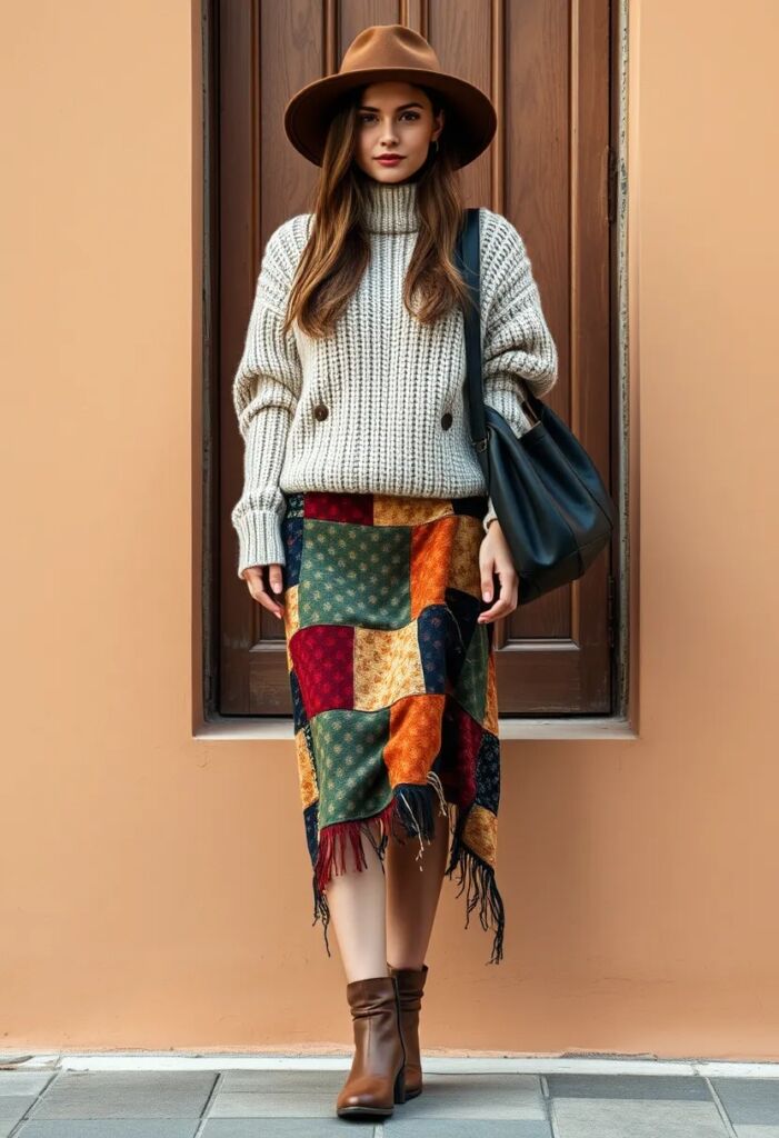 Layered Sweater and Patchwork Skirt