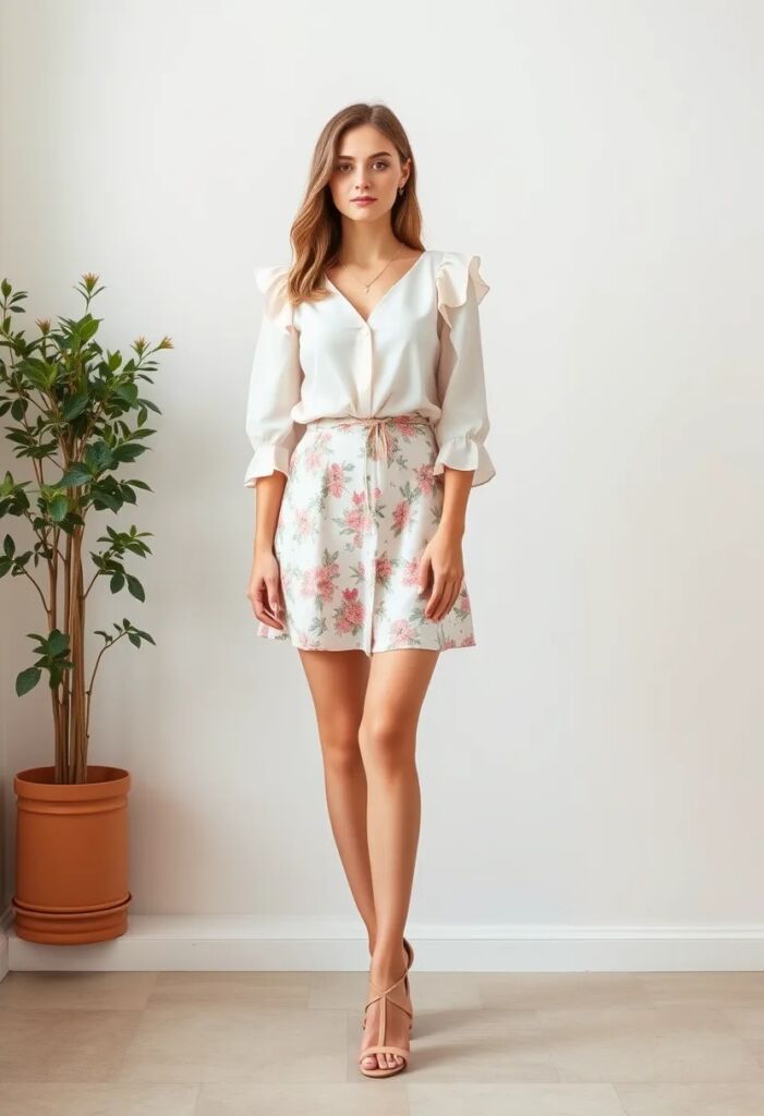 Pastel Blouse with Floral Skirt