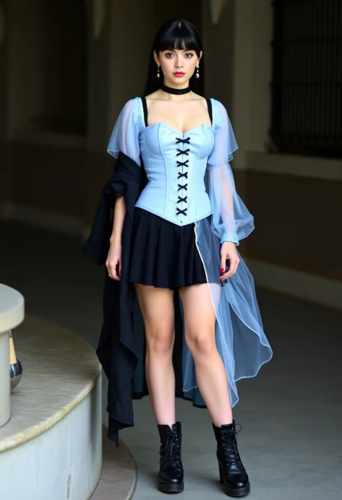 Pastel Blue Gothic Corset and Black Skirt