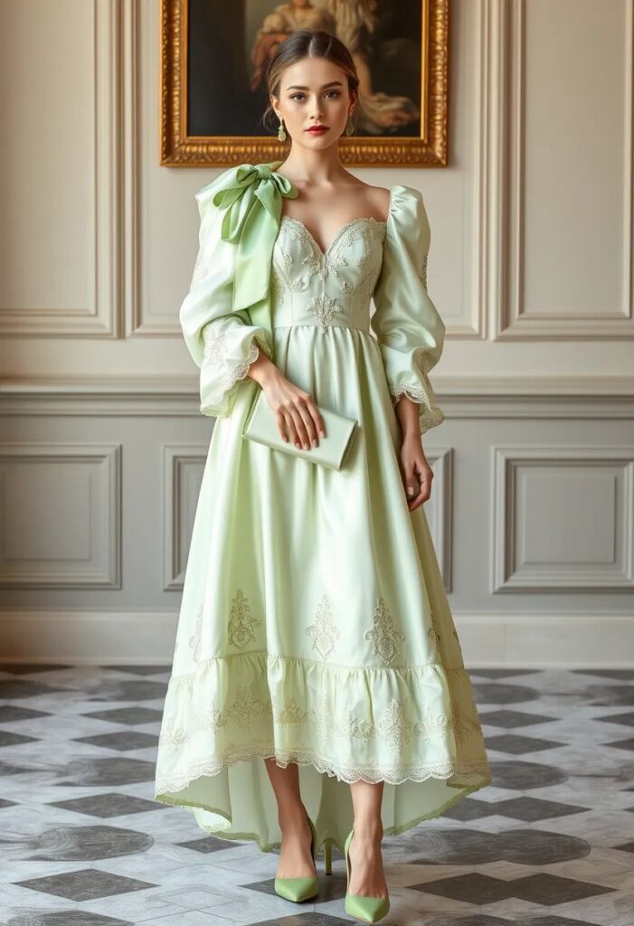 Pastel Green Silk Rococo Dress with Embroidery