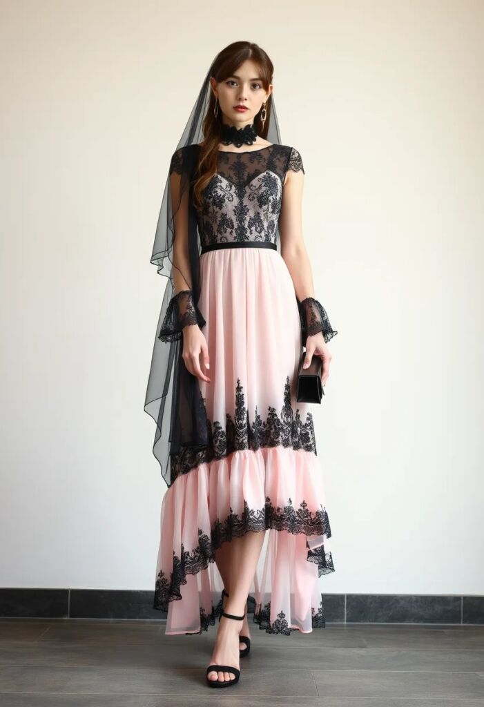 Pastel Pink Gothic Dress with Black Lace