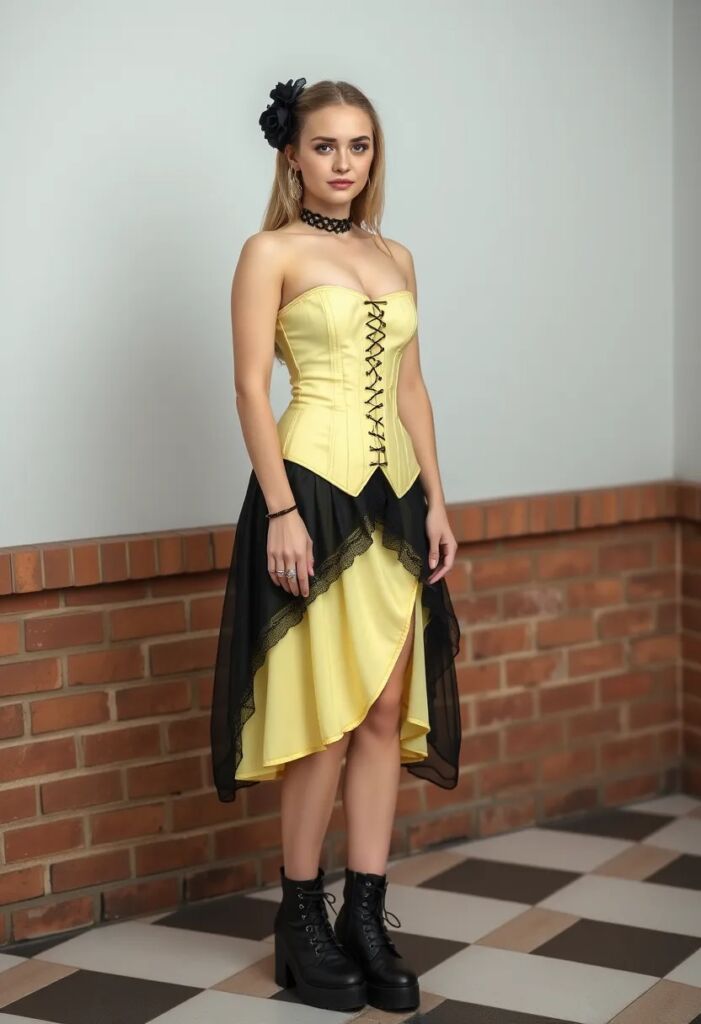 Pastel Yellow Gothic Corset and Black Skirt