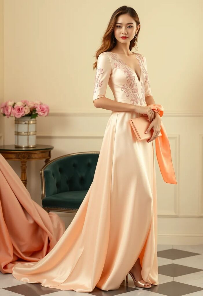 Peach Silk Rococo Dress with Embroidery