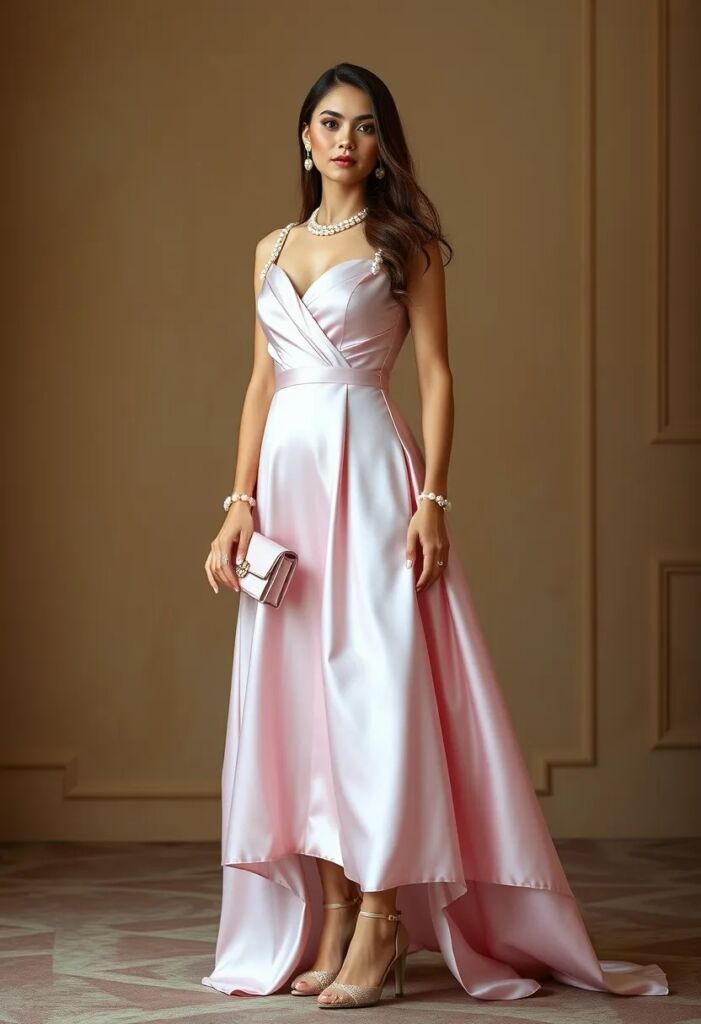 Pink Satin Rococo Dress with Pearl Embellishments