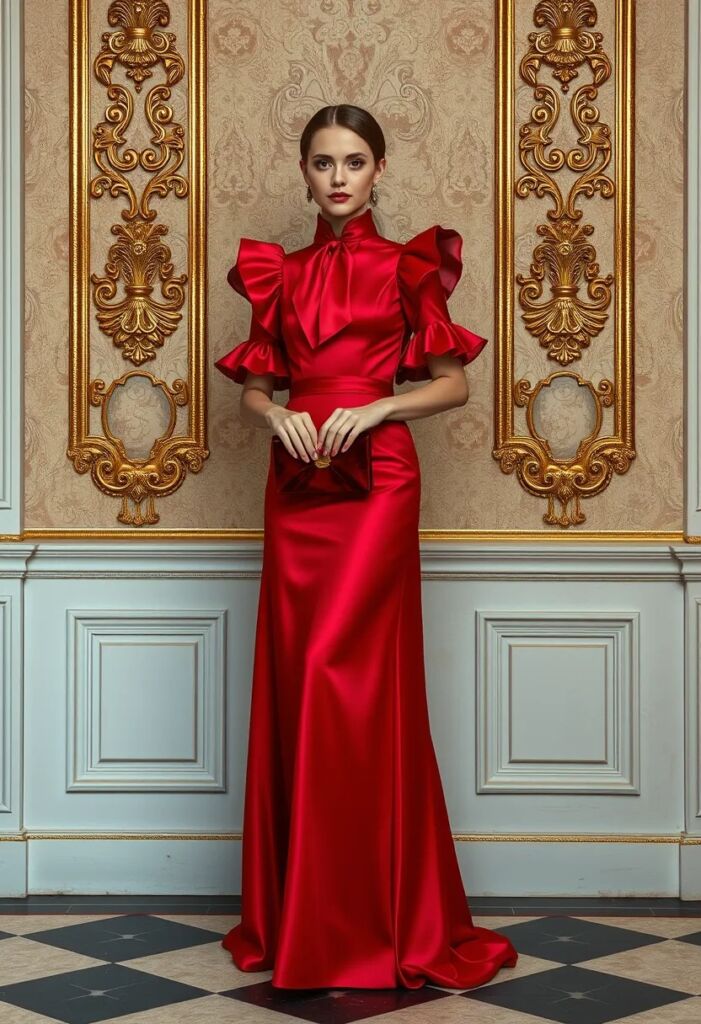 Red Silk Rococo Dress with Ruffled Details