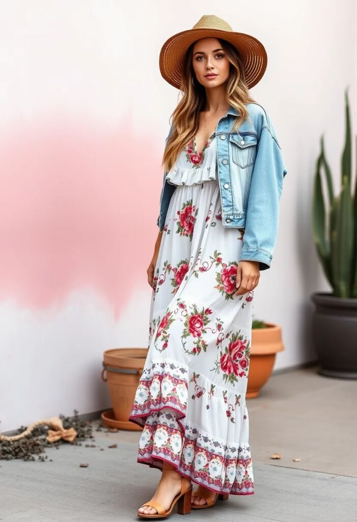 Ruffled Maxi Dress with a Denim Jacket