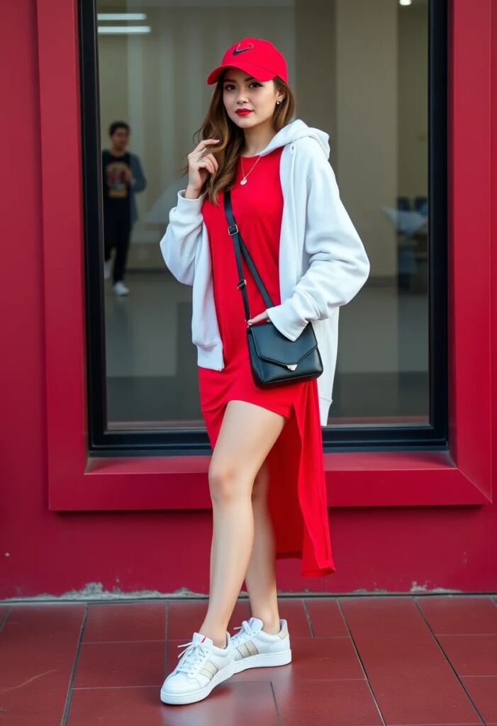 Sporty Chic Red Dress with Sneakers and a Hoodie