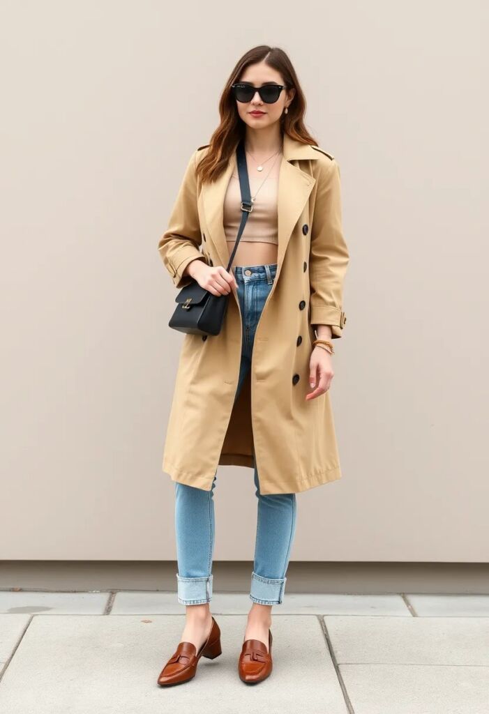 Khaki Trench Coat with Cropped Top and Jeans